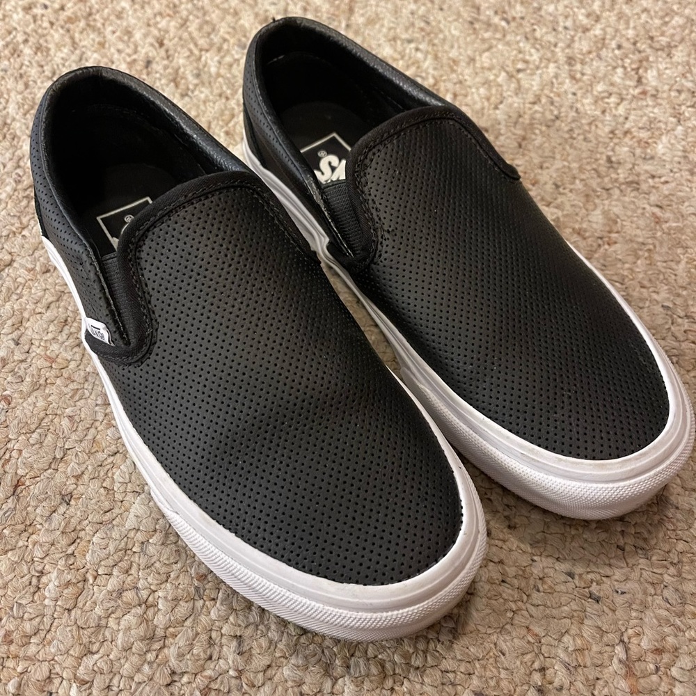 Black leather Vans slip ons 6.5